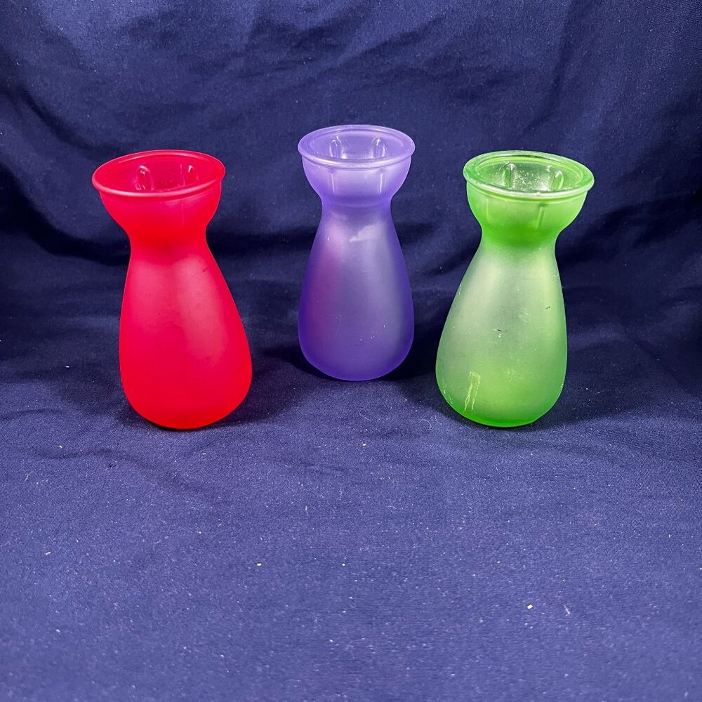 Set Of 3 Frosted Glass Bud Vases - Red Purple & Green - Decorative Mini Vases Fo - Picture 2 of 2